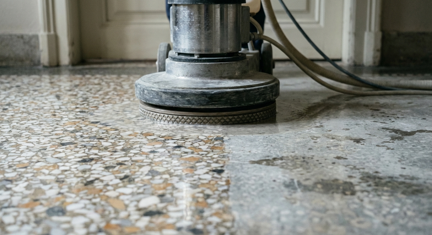 KI-Symbolbild einer Scheibenmaschine bei der Bearbeitung eines zementgebundenen Werksteinbodens; Steinart und Verfahren sind aus dem Motiv nicht sicher bestimmbar