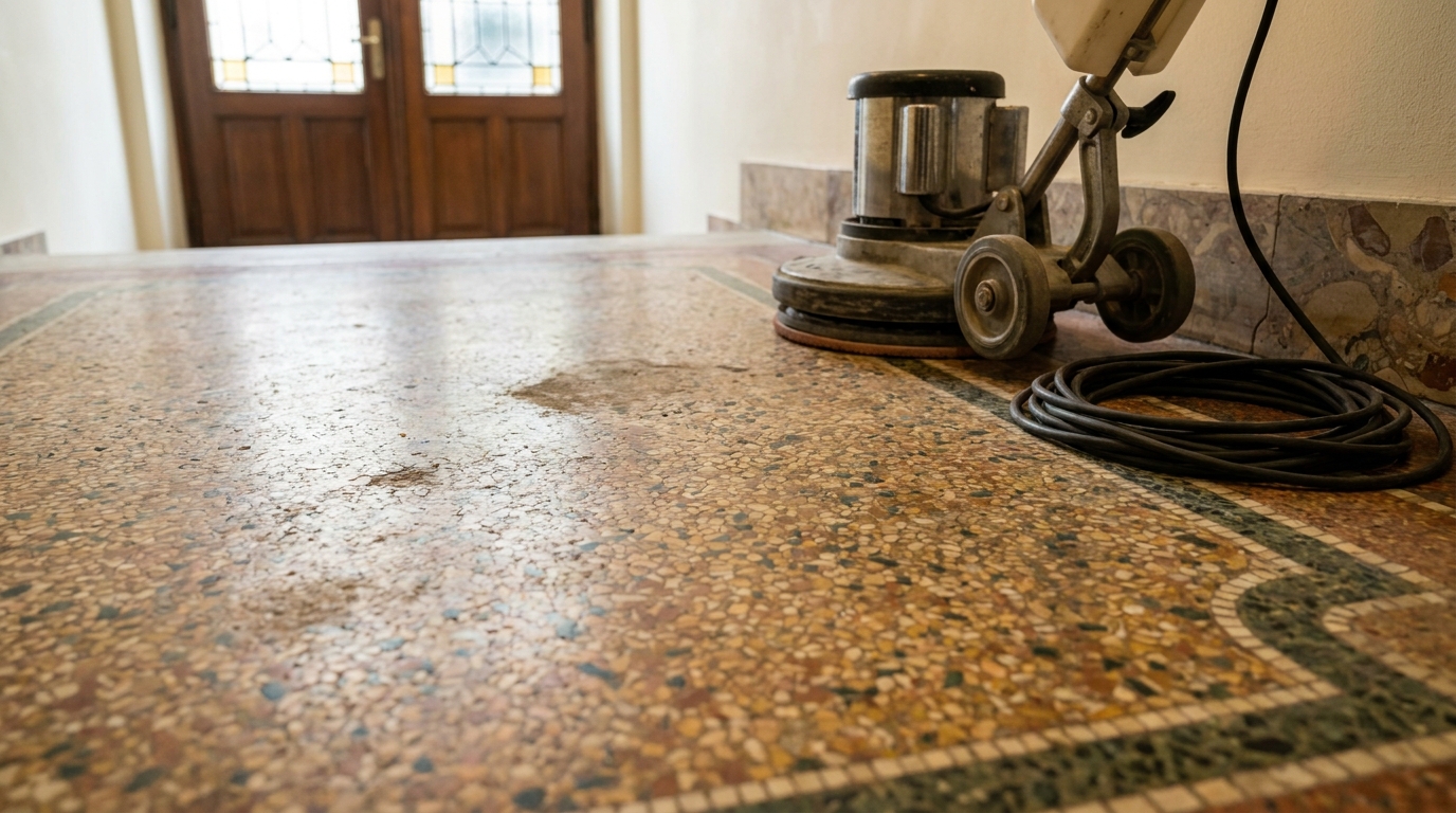 Historischer Terrazzoboden in Potsdam vor der denkmalgerechten Sanierung