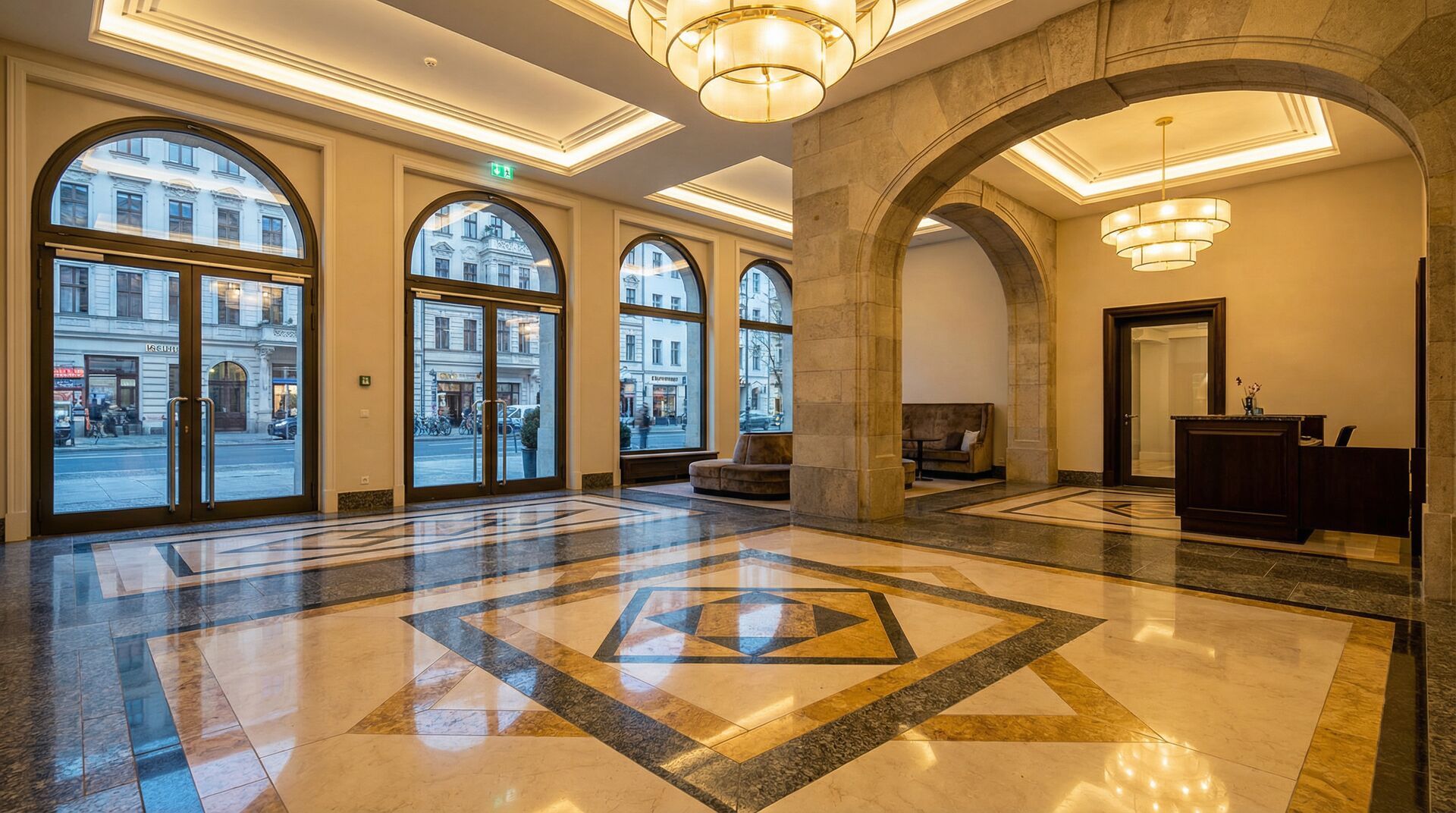KI-Symbolbild einer Lobby mit Natursteinboden zur Sanierungsplanung in Potsdam; keine dokumentierte Kundenaufnahme