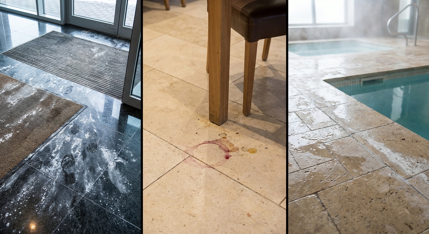 Illustrative Gegenüberstellung von Hotellobby mit eingetragenem Schmutz, Restaurantfleck und nassem Spa-Boden