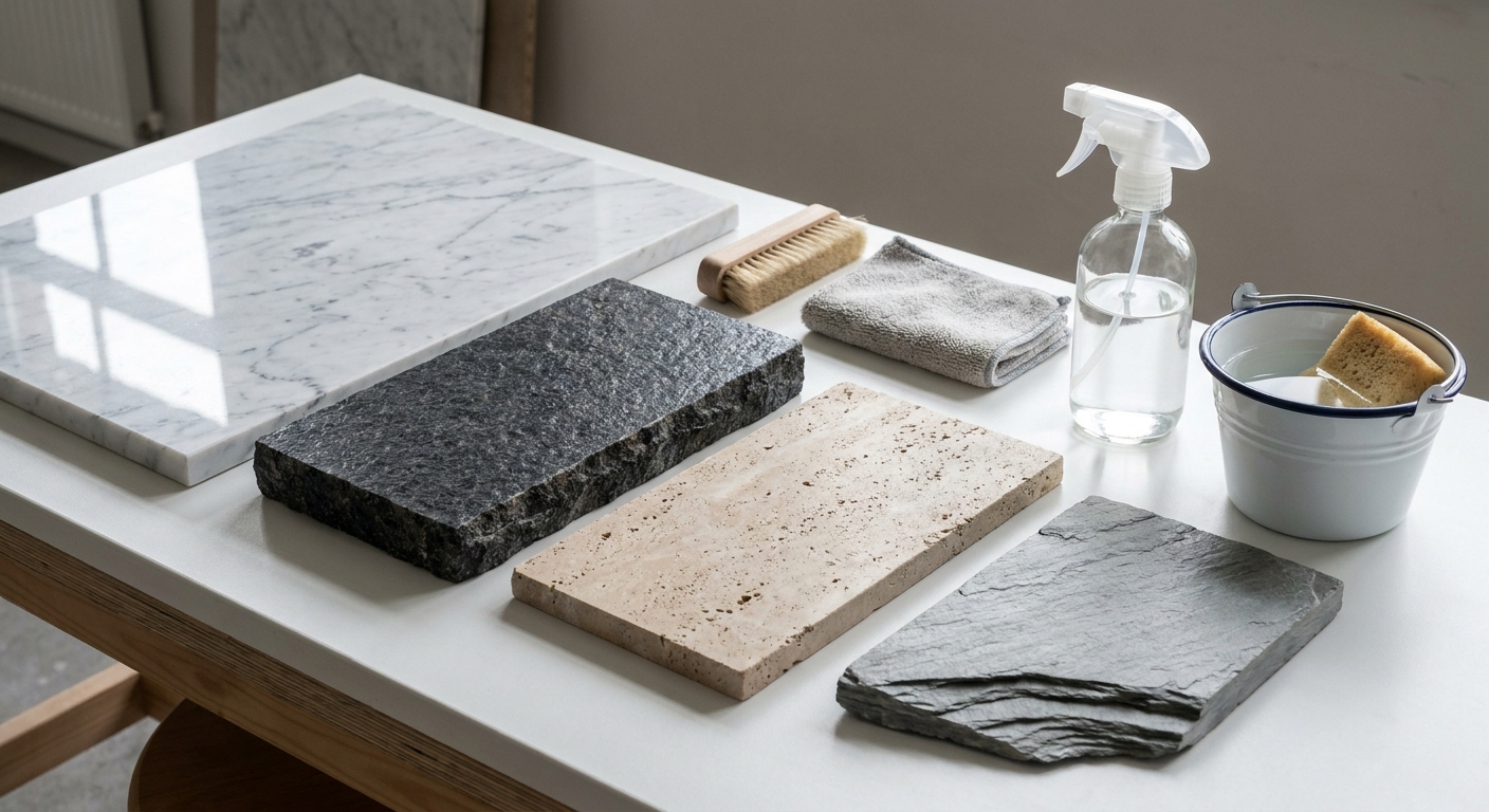 Naturstein-Musterplatten mit Reinigungsutensilien und weichen Werkzeugen auf heller Werkbank