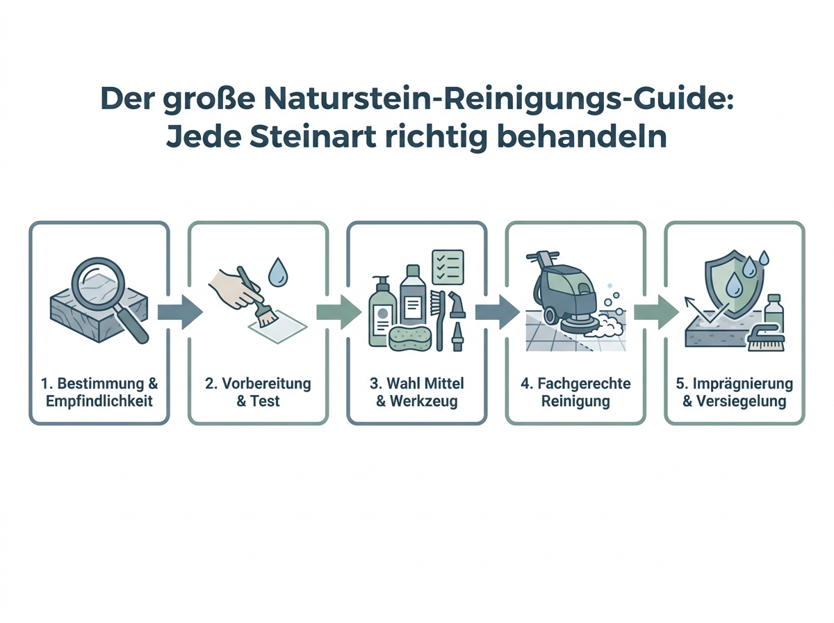 Ablaufdiagramm für Diagnose, materialgerechte Reinigung und Pflege verschiedener Natursteinarten