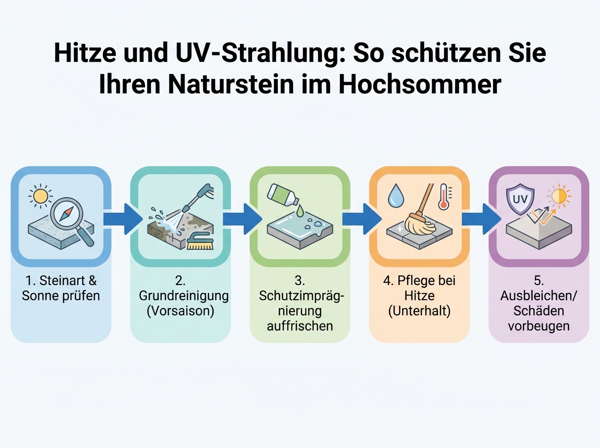 Ablaufübersicht für Reinigung, Imprägnierung und Kontrolle von Naturstein im Hochsommer