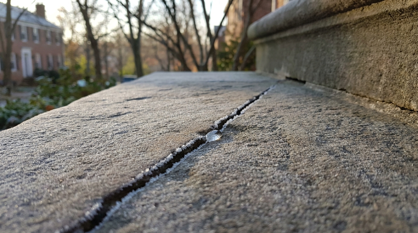 Frostriss in einer Sandsteinstufe vor dem Winter in Potsdam