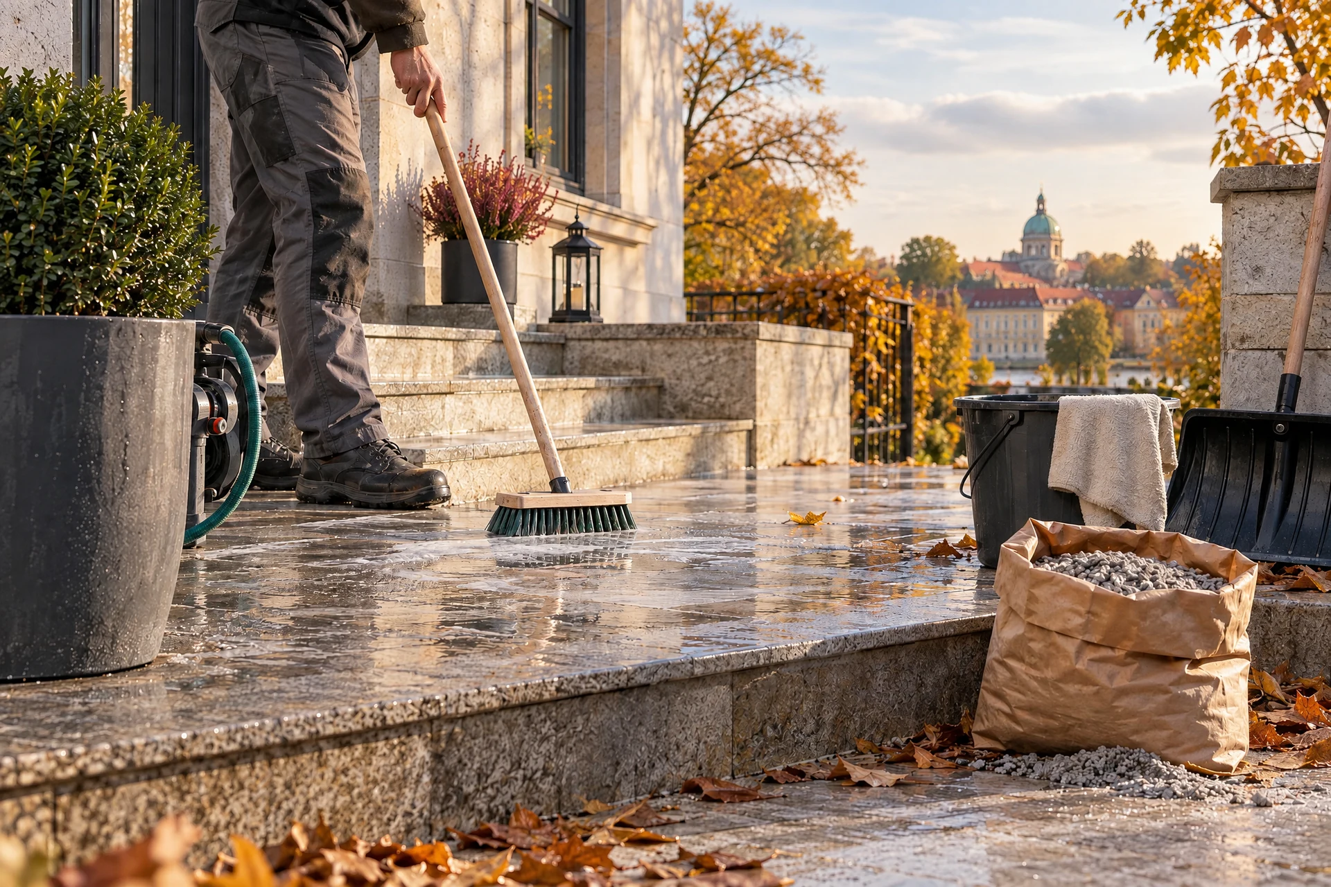 Naturstein-Außentreppe im Herbst mit illustrativer Potsdamer Stadtsilhouette – KI-Symbolbild, keine Kundenaufnahme