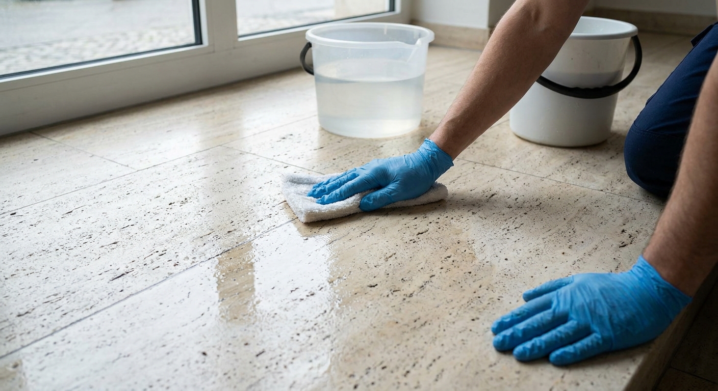 Abschnittsweise Reinigung eines saugfähigen Natursteinbodens mit kontrollierter Wassermenge