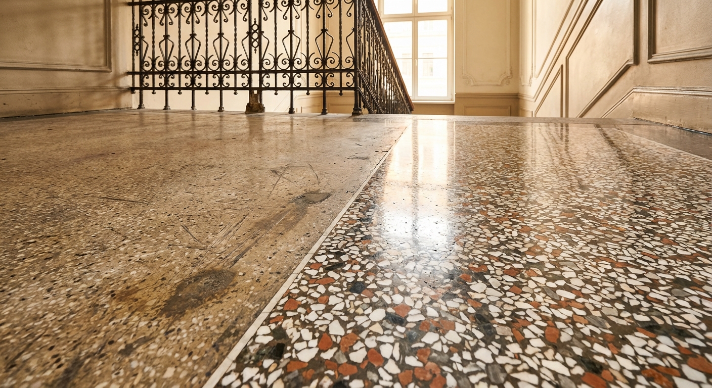 KI-Symbolbild einer Terrazzo-Gegenüberstellung zur Steinbodenaufarbeitung in Potsdam – keine dokumentierte Sanierung