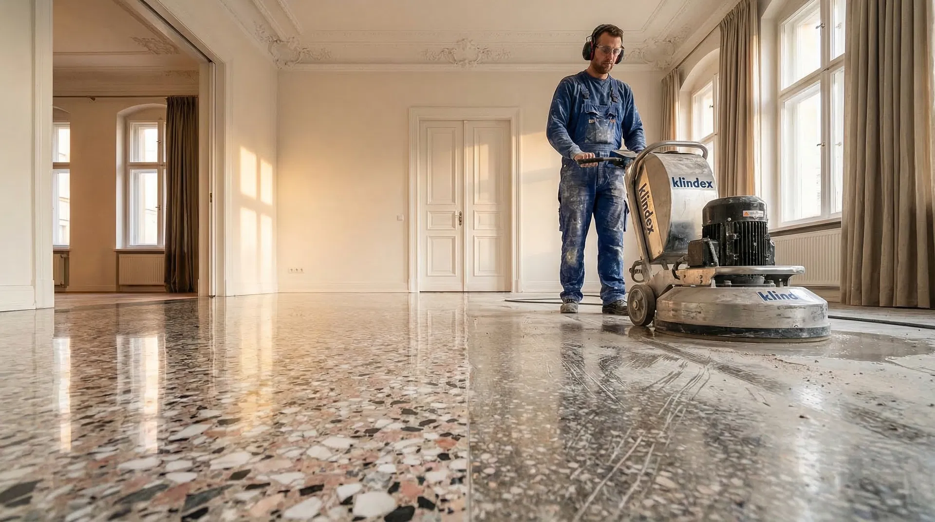 KI-Symbolbild einer Diamantschleifmaschine auf Terrazzo – Illustration zum Schleifen in Potsdam, keine Kunden- oder Mitarbeiteraufnahme