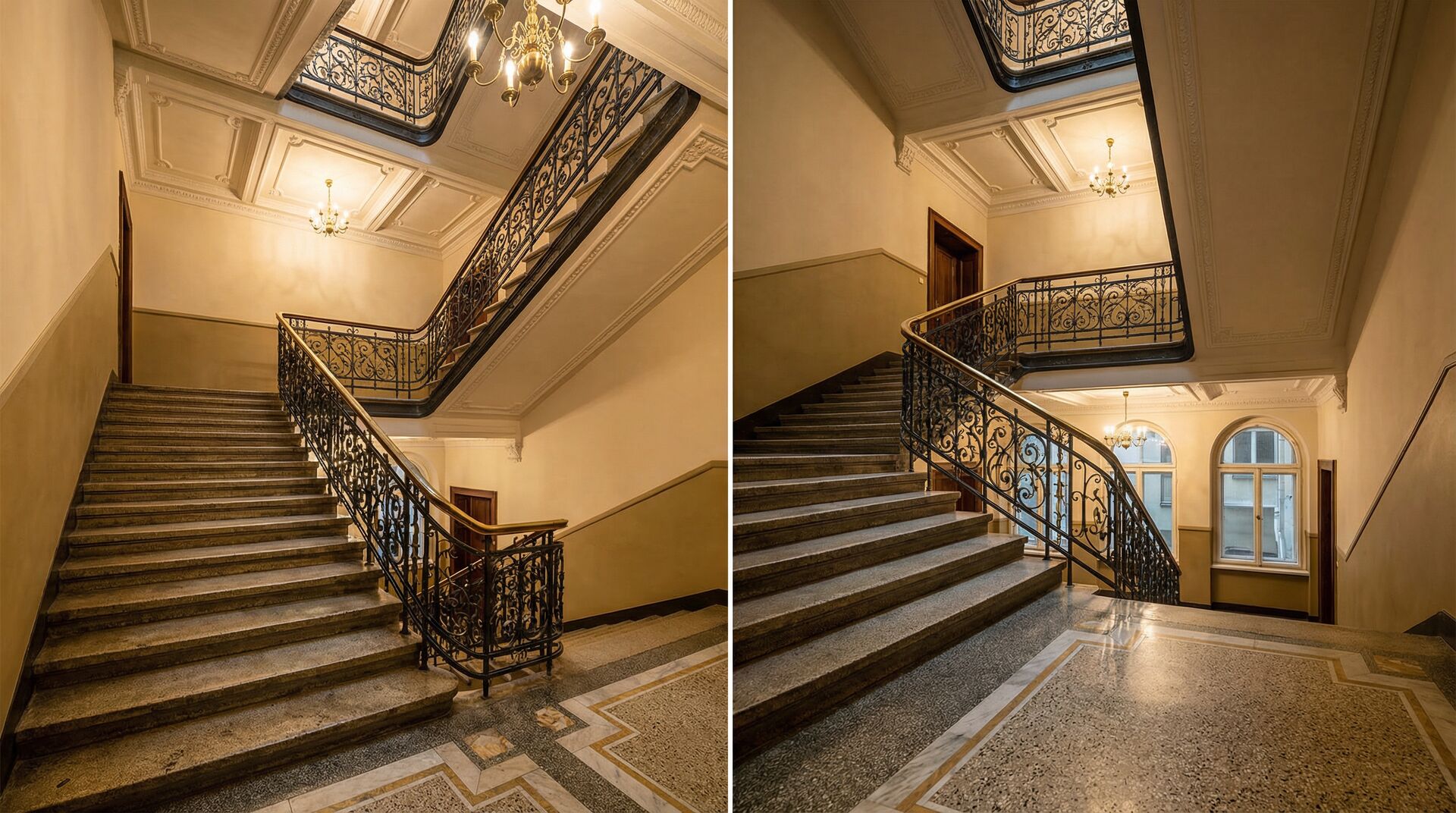KI-Symbolbild eines Treppenhauses zur Terrazzo- und Marmoraufarbeitung in Potsdam; keine dokumentierte Vorher-/Nachher-Serie oder Kundenaufnahme